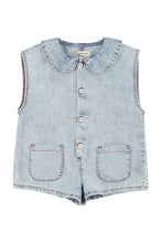 Piupiuchick Short Sleeveless Jumpsuit - Blue light denim with apple print