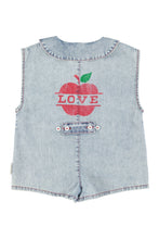 Piupiuchick Short Sleeveless Jumpsuit - Blue light denim with apple print