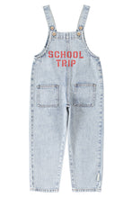 piupiuchick dungarees fadded light blue denim with "school trip" print