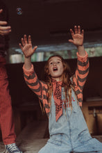 piupiuchick dungarees fadded light blue denim with "school trip" print